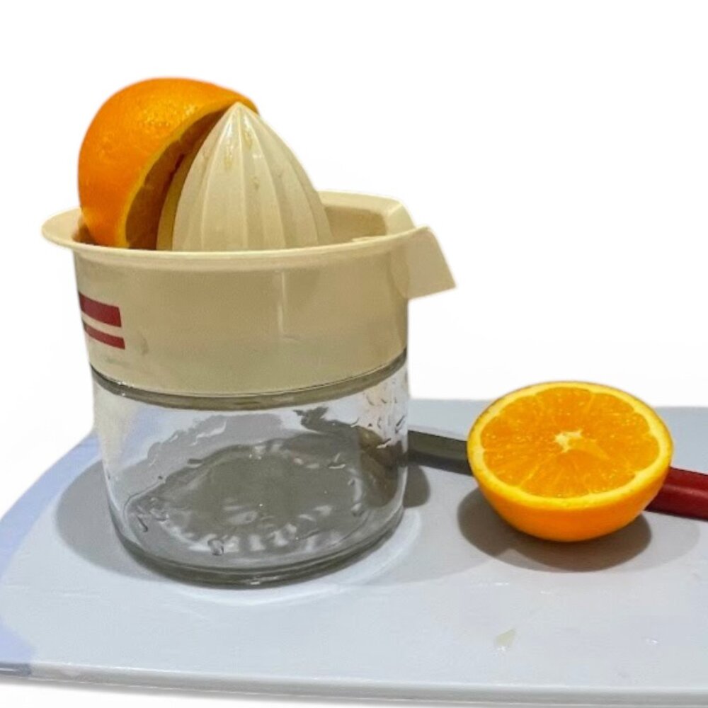 Vintage Gemco Juice Juicer Red Stripe Citrus Reamer Squeezer Jar Glass 2-piece